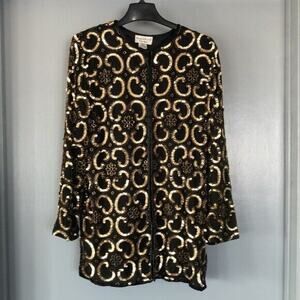 Beaded Drama Essentials 100% Silk Sequins Black Gold Vintage Jacket sz 10